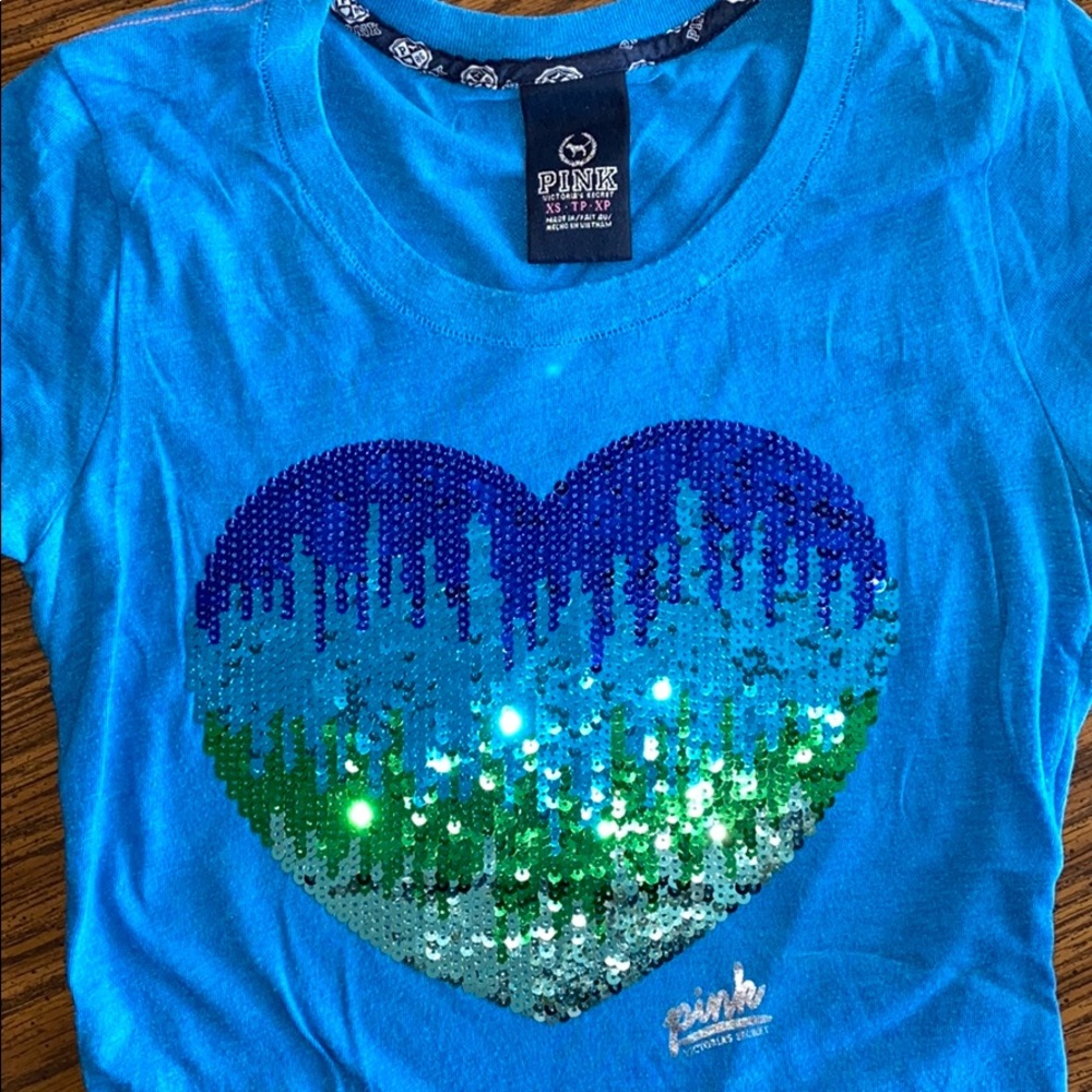 Blue sequins ‘PINK’ T-shirt. XS